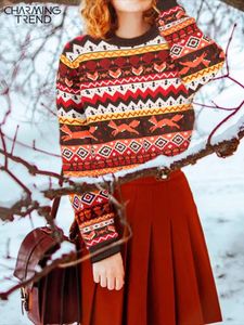Damenpullover Charmingtrend Vintage Winter verdickte Strickwaren Pullover Frauen übergroße nationale Jacquard-Pullover gestreiftes Top 231216