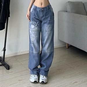 Calças de brim haruku impresso carga jeans y2k azul escuro marrom cintura alta streetwear 90s calças jeans baggy calças femininas em linha reta perna larga jeans