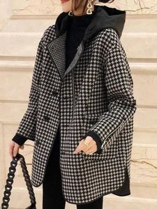 Damen Wollmischungen Jacken für Frauen 2023 Frühling Herbst Plaid Mantel Koreanische Mode gespleißt Kapuze Oberbekleidung lose lässige weibliche Kleidung 231215