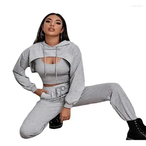 Mulheres duas peças calças casuais sexy mulheres 3 conjuntos colete tops pulôver com capuz lápis calça ternos primavera outono streetwear sólido feminino tracksuits