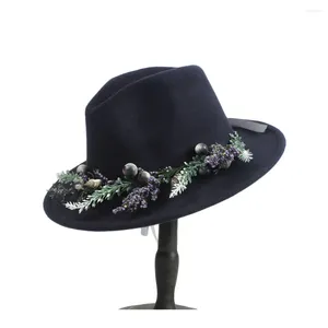 Berets Wool Women Wide Brim Fedora Hat With Fashion Flower For Elegant Lady Outback Jazz Fascinator 2Size 56-60