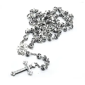 Pendant Necklaces Floral Print White Ceramic Rosary Beads Necklace Jesus Cross Religious Catholic Prayer Blessing Jewelry Gifts