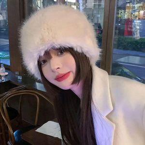 Berets Women Winter Plus Velvet Bucket Hat Faux Fur Warm Fisherman Cap Soft Furry Panama Lady Outdoor Sun