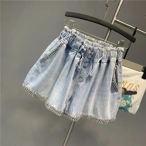 Jeans shnshophi 2021 verão mulheres largura denim shorts mulheres moda novo shinestone requintado solto uma linha calça jeans coreana