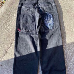 Streetwear jnco hip hop retro crânio gráfico bordado calças jeans baggy novo haruku gótico cintura alta calças largas