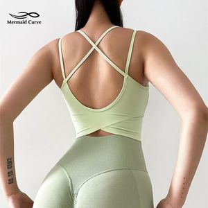 Blandar sjöjungfru kurva kvinnor sexig baksida kors sport yoga bh väst gym stackbeständig löpande jogging träning bh med vadderad sexig gröda topp