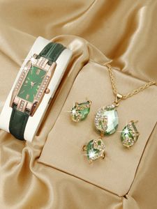 Outros relógios 5 pçs / set moda mulheres retângulo senhoras negócio verde couro quartzo relógio mulheres colar brincos pulseira relógio de pulso 231216