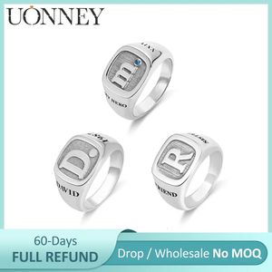 Anéis de casamento UONNEY Drop personalizado quadrado prata esterlina unissex anel de sinete inicial com pedra de aniversário gravado perfeito para mulher 231215