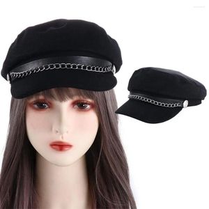 Berets Elegant Korean Autumn Winter For Unisex Metal Chian Men Sailor Caps Flat Navy Hats Streetwear Women Captain