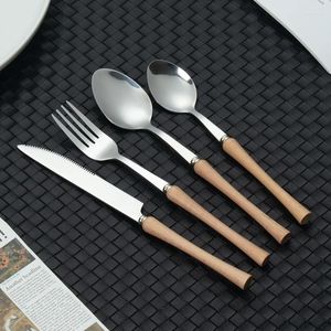 Dinnerware Sets 4pcs/set Kitchen Tableware Stainless Steel Dinner Silver Set Knife Fork Spoon With Wood Handle Cutlery