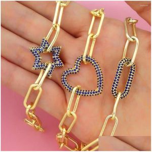 Charme Pulseiras Charme Pulseiras Azul Zircônia Geométrica Pulseira Cor De Ouro Coração Estrela Oval Bras Cz Mosquetão Medalhão Jewerly DIY Drop Dhqt2