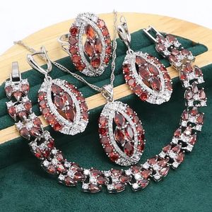 Ciondoli Set di gioielli in argento granato rosso per donne Bracciale da sposa Orecchini Collana Ciondolo Anello Regalo di compleanno