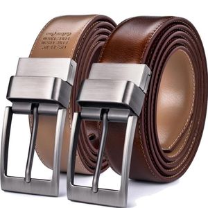 Genuine Leather Men's Belt Reversible Dress Casual Golf Belt with Rotated Buckle One Reverse for 2 Colors - 1Pcs213U