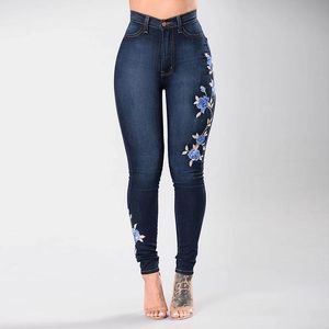 Jeans Women Blue Rose Embroidered Jeans Lady's Skinny Jeans Girl's Slim Print Trousers High Waist Sexy Pencil Pants Plus Size