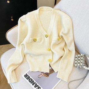 Women's Knits Autumn V-Neck Gold Button Knitwear Tops Blended Versatile Sweater With Bubble Sleeves Korean Premium Knitted Cardigan Coats