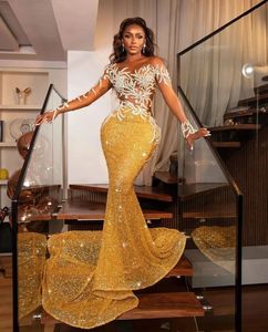 Prom klänningar Guldkvällsklänning Party Mermaid Trumpet Långärmning Applique Pärled Paljett Anpassad blixtlås Lace Up Plus Size New Illusion O-Neck