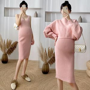 Dresses 2022# 2pcs/set Autumn Winter Korean Fashion Knitted Maternity Sweaters Dress Suits A Line Slim Clothes for Pregnant Women Lovely