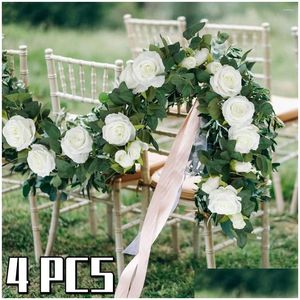 Flores decorativas grinaldas 4 pcs artificial rosa videira branco guirlanda plástico pendurado rattan floral para casa jardim festa de casamento de dhs7h