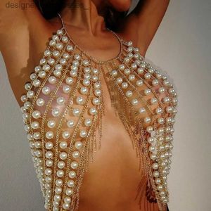 Outros acessórios de moda imitar pérola malha peito corrente vestido biquíni sutiã jóias colar para mulheres rave sexy metal borla bo corrente jóias verão l231215