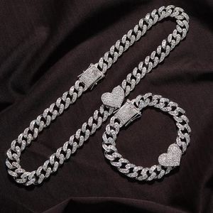 Ketten 2 stück Set Rapper Volle Schwere Herzförmige Kubanische Link Armband Iced Frauen Für Männer Necklcae Kette Prong Pave Luxus Hiphop Jewel185E