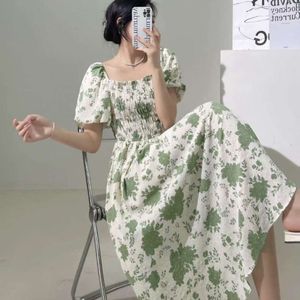 Y2k Clothes Women Bubble Sleeves French Floral Dress Women's Summer Short Sleeve Square Collar Gentle Wind Waist Long Skirt