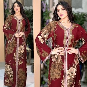 Ubranie etniczne Abaya Kobiety Dubai Retro Printing Diamonds V Neck Full Sleeve Lose swobodne muzułmańska arabska sukienka Kobieta