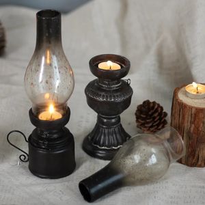 Castiçais criativos resina artesanato nostálgico querosene lâmpada castiçal decoração vintage capa de vidro lanterna castiçais decoração de casa presentes 231215