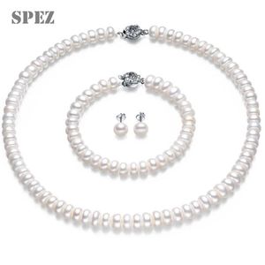 Ciondoli Set di perle naturali Set di gioielli con perle d'acqua dolce da 89 mm Orecchini in argento Collana con diamanti Bracciale per donne Regalo di nozze