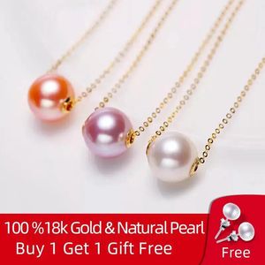 Necklaces Natural Freshwater Pearl Pendant Necklace Pure Yellow Gold Chain White Pink Purple Round Pearl Women Fine Jewelry X235