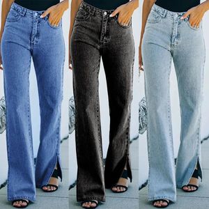 Vestidos Sexy Side Split Bell Bottom Jeans Mulheres Primavera Outono Moda Slim Cintura Alta Preto Flare Jeans Senhora Vintage Azul Denim Calças