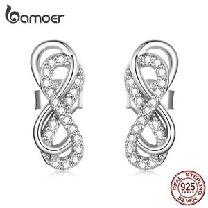 Stud bamoer 925 Sterling Silver Double Infinity Symbol Stud Earrings for Women Dazzling CZ Stone Geometric Earrings Jewelry Gift