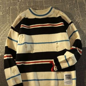 American Retro Striped Hole Pullover Sweter Y2K High Street Fashion Trend Hip Hop Loose Punk Lazy Wind Casual Pare Tops