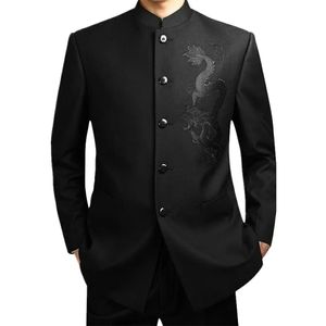メンズスーツブレザーブラックチャイニーズローブスーツメンズ伝統的なスタンドカラーアペックリーダー衣類男性刺繍ドラゴントーテムタン231216