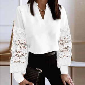 Women's Blouses Plus Size V-neck Top Women Loose Fit Shirt Elegant Patchwork Lace Splicing Office Lady Blouse Puff Sleeve Pullover Tops