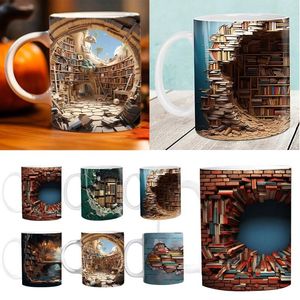 Canecas 3D Estante Caneca Efeito Livros Cool Aniversário Presentes de Natal para Ele Sua Cerâmica Branca 11oz Copos Claros