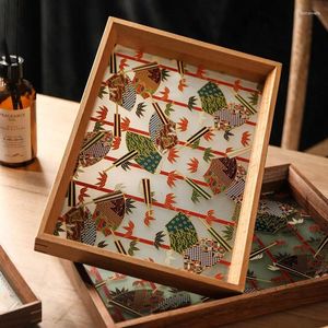 装飾的な置物日本のレトロガラストレイ家庭長方形の木茶トレイカップストレージフルーツプレートスナックプレート製品
