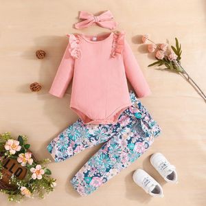 Kläder sätter höstens barn mode set rosa spets långärmad skjorta kronblad mönster byxor båge huvudduk född baby flicka kläder romper