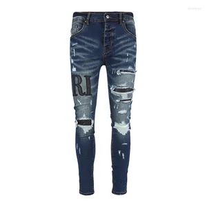 Мужские джинсы Уличная мода Мужские темно-синие эластичные рваные эластичные узкие брюки Брендовые нашивки Дизайнерские брюки в стиле хип-хоп Hombre
