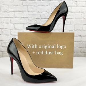 Brand designer women's high heels red shiny sole 8cm 10cm 12cm stiletto black nude patent leather women's pumps with dust bag 34-44
