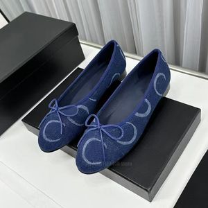 Tasarımcı Bale Daireler Paris Lüks Baskı Denim Elbise Ayakkabı Gerçek Deri Kelebek Düğüm Düşük Topuklar Resmi Siyah Deri Kadın Ayakkabı