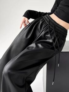 Men's Pants Black PU Women Autumn Winter Windbreak Warm Loose Wide Leg Pant Elastic Waist Fashion Leather for 2023 231216