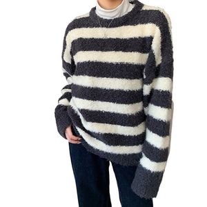 Women's Sweaters Fleece Drop Shoulder Sleeves Black And White Striped Sweater Women Fall Winter Loose Ins Soft Glutinous Top College Sweater Colorful Sweater