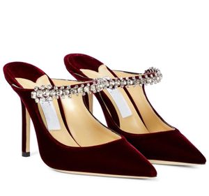 Vin-redblack sammet bing sandaler skor sexiga spetsiga tå kristallband pumpar mulor lady high klackar klänning party bröllop brud gåva med låda eu35-43
