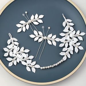 Hair Clips Silver Color Crystal Pearl Bridal Headbands White Leaf Wedding Headband Women Bride Hairbands Plant Crown Accessories