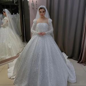 Stunningbride 2024 White Charming O-Neck Button Ball Gown Shine Wedding Dress Luxury Beading Sequined Long Sleeved Princess Bridal Gown