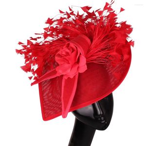 Berets Eleganter lila und roter Feder-Fascinator Hochzeit Braut Haarspange Hut für Party Cocktail Kopfbedeckung Dame Blumenmuster Kopfbedeckung