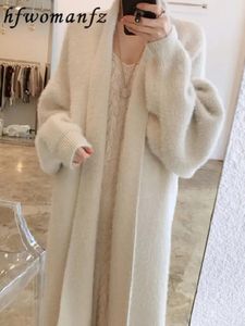 Women's Sweaters Korean Solid Long Woman Cashmere Cardigan Coat Sweet Fluffy Sleeve Sweater Winter Warm Loose Female Midi Knitted Clothing 231216