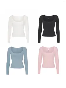 Kvinnors T-skjortor Kardashian Samma stil Square Neck U-Neck Pure Cotton Top Elastic Slim Fit Long Sleeve T-shirt för kvinnor