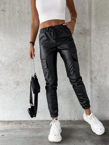 Herrenhose, Kunstleder, hohe Taille, lässig, knöchellang, schwarz, weiblich, mit Schnürung, Bleistift, PU-Lederhose für Damen mit Taschen, 231216