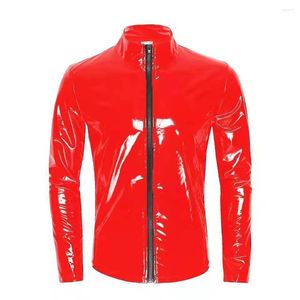 Men's Jackets S-7XL Long Sleeve Mens Leather Tops PVC Faux Jacket Shiny Tight Windbreaker CasualT Shirt High-Gloss Patent Coat